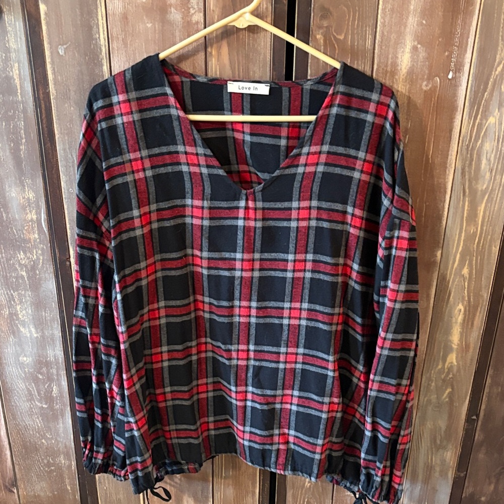 Love In Red and Black Plaid V-Neck Blouse